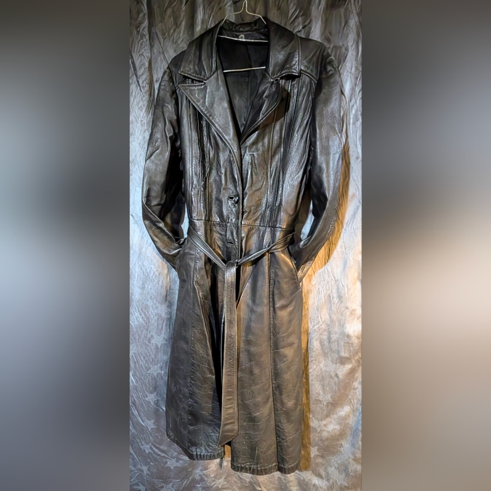 70's Women's Black Leather Flared Trench Coat